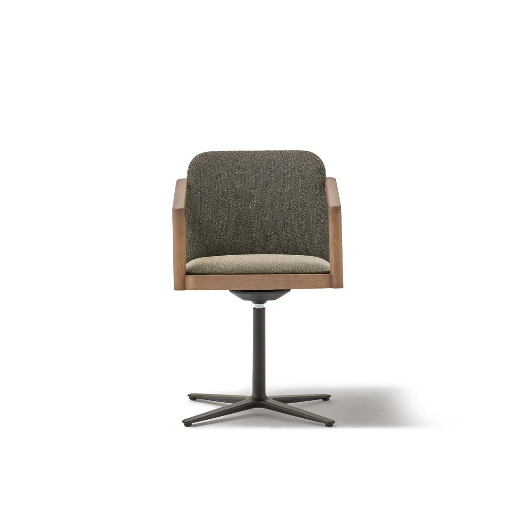 URMUS Armchair with Wooden Arms and Flat Swivel Base